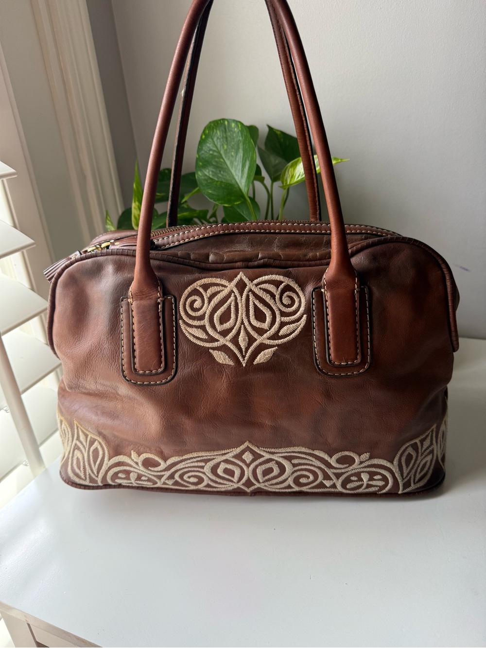 Antonio Melani Leather Satchel with Cream Embroidery